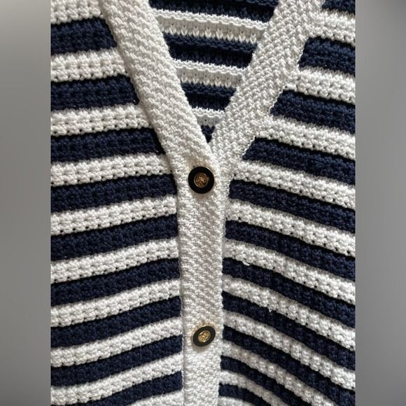 J.CREW Striped knit V-neck cardigan sweater Cotton Blue White Large coastal - Picture 9 of 10